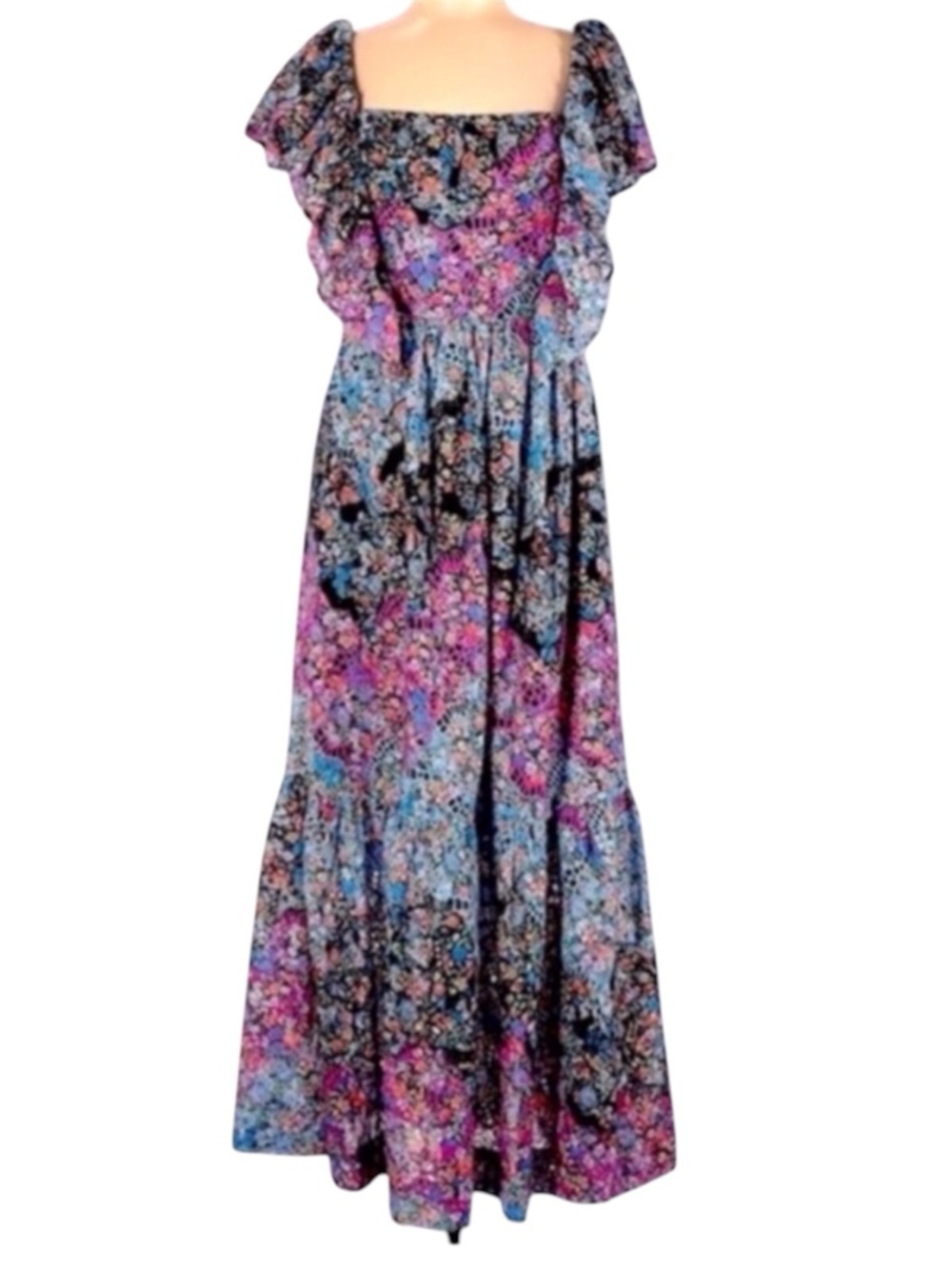 Anthropologie Blue Black Pink Floral Embroidery Ruffle Eyelet Lined Maxi Dress - Picture 3 of 16